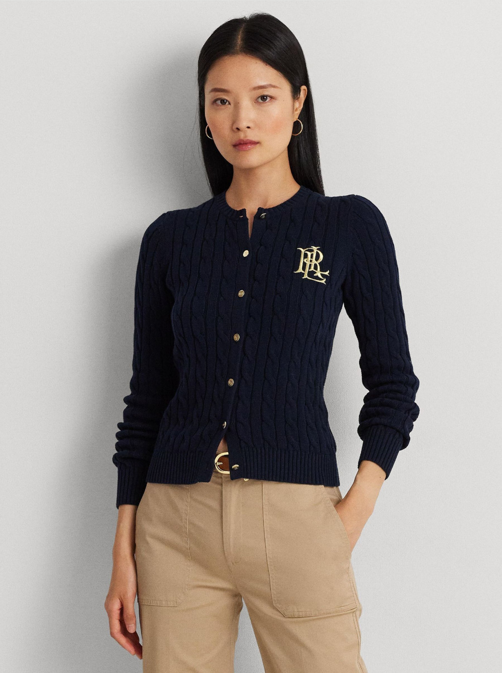 Lauren Ralph Lauren Women Ralhan Cable Knit Cotton Cardigan Navy Size 2XL